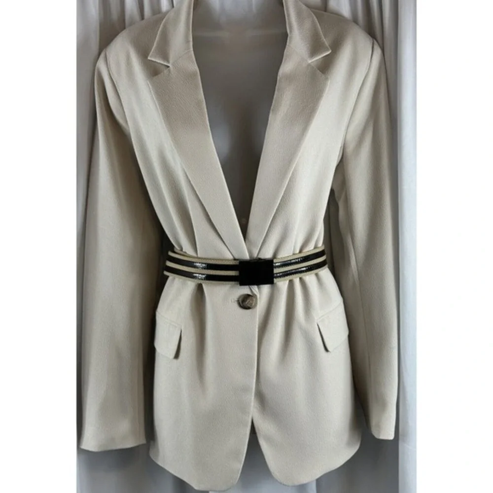 Tan Canvas Web Belt Black Patent Stripes‎ Military Flip Buckle Adjustable 70-19